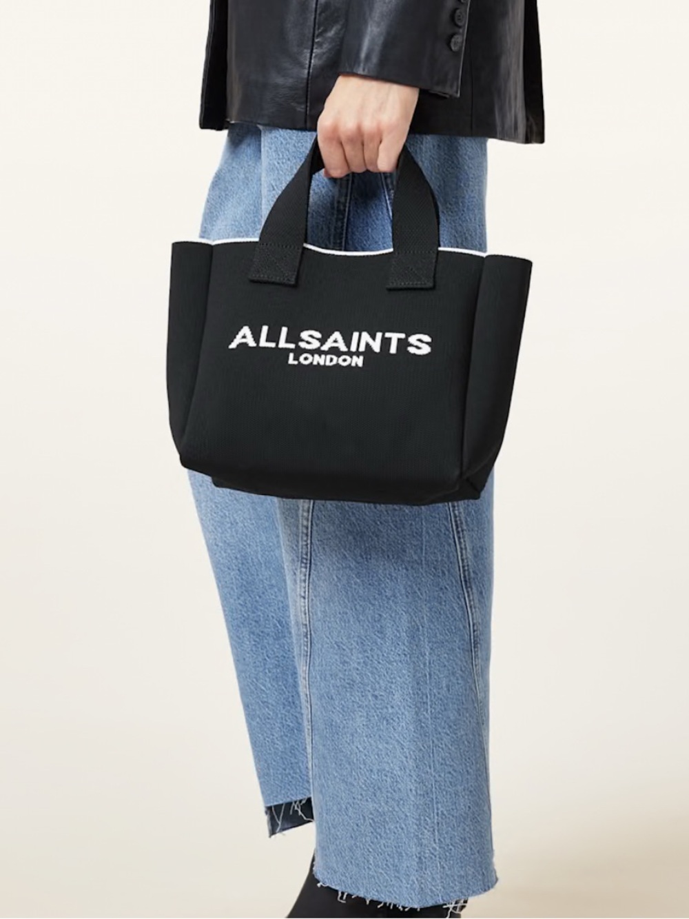 AllSaints Black Mini Tote with White Logo